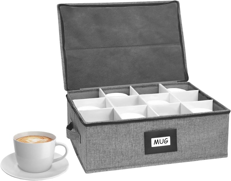 HURZMORO Mug Storage Box with 12 Compartments, Gray Hard Shell Container, Padded Dividers, Dual Handles, Zipper Lid for Coffee Cup Organization and Moving (1, Coffee Cup Storage Box) - Image 1